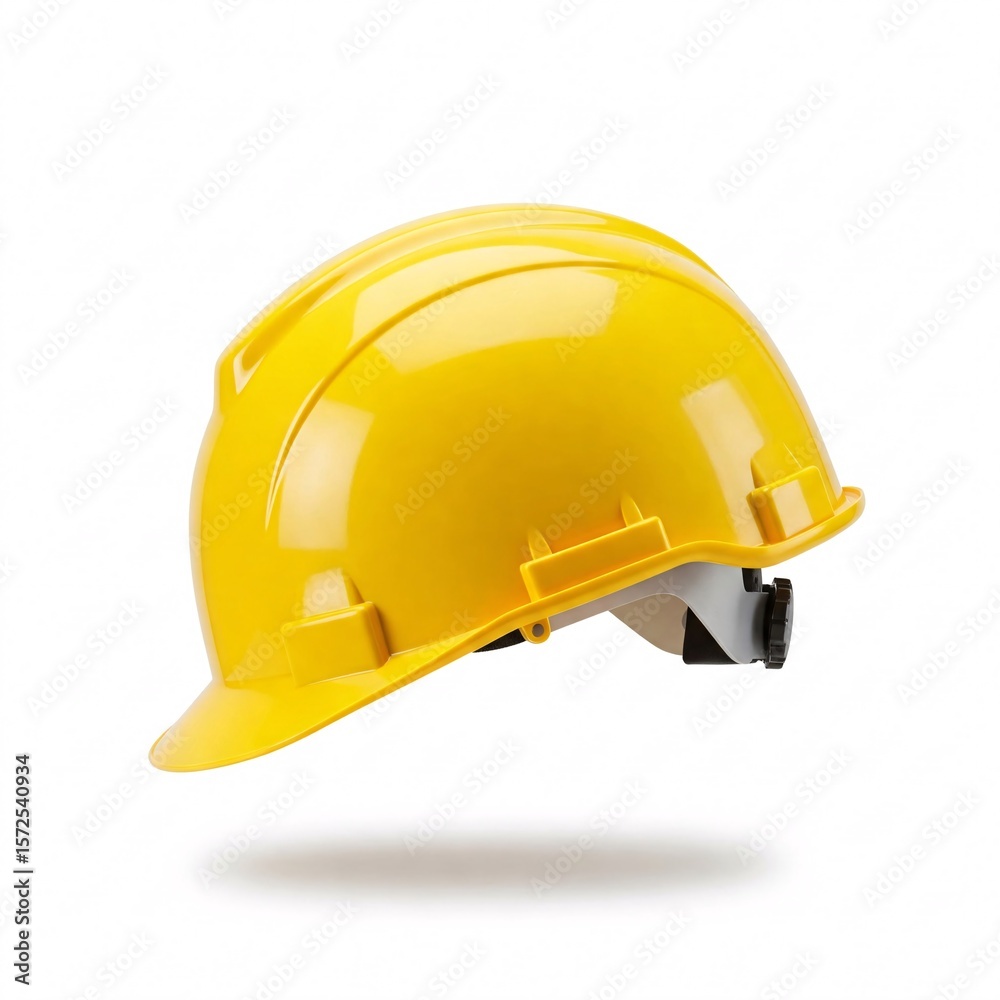 Fototapeta premium Yellow construction helmet with adjustable strap falling, isolated on white background.