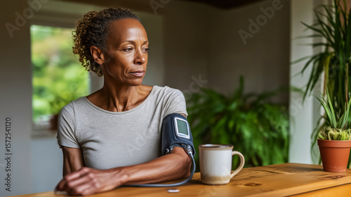 Routine high blood pressure check, elderly Latina woman checking her blood pressure , neutral background with indoor plants concept of prevention of health and well-being of the elderly