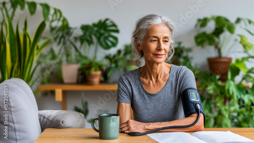 Poster of an elderly woman doing a routine blood pressure check in her own home, copy space for the concept of health care and following doctors' recommendations