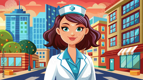 Beautiful young nurse or doctor strolling in the city