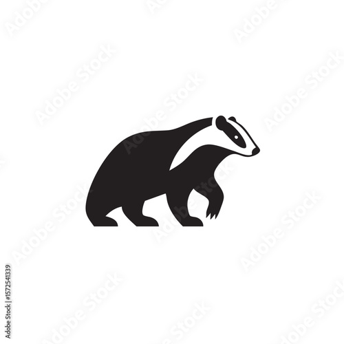A black and white badger stands facing right on a white background.