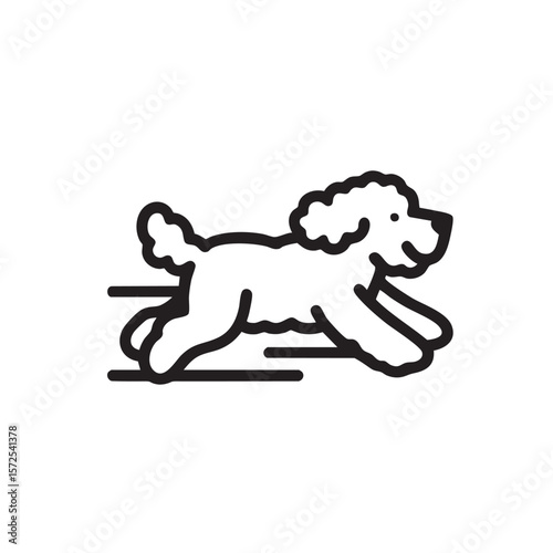A playful line drawing of a running poodle dog.