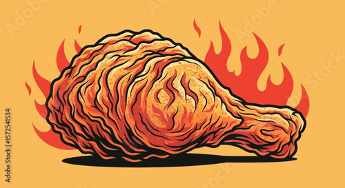 Cartoon illustration of a fried chicken leg with flames behind it, set against a yellow background.