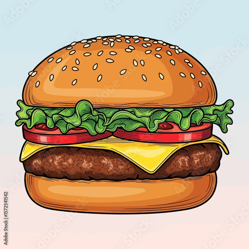 A juicy cheeseburger with sesame seed bun, lettuce, tomato, and melted cheese.
