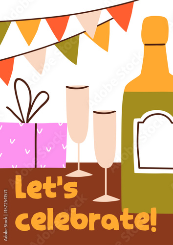 Birthday holiday, greeting card design with champagne bottle, wineglasses and...