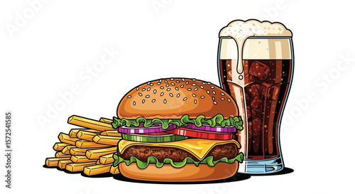 A delicious burger, fries, and a glass of beer, all ready to eat.