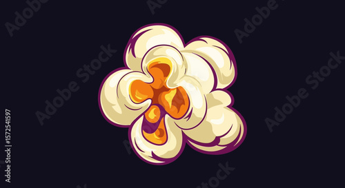 Cartoon illustration of a single piece of popcorn against a dark purple background.