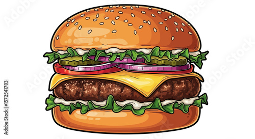 A juicy cheeseburger, meticulously illustrated, features lettuce, tomato, onion, pickles, and melted cheese.