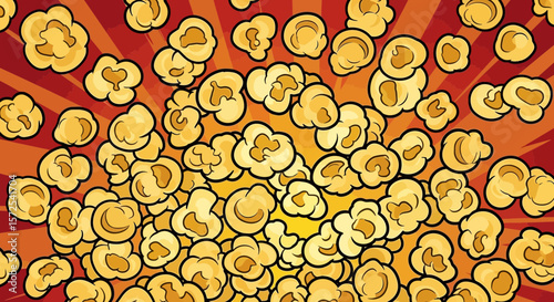 A vibrant illustration of popcorn exploding outwards, showcasing a delicious snack.