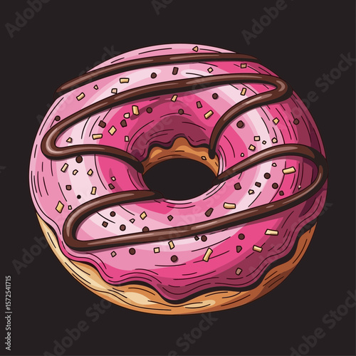 A colorful illustration of a doughnut with pink frosting, chocolate drizzle, and sprinkles on a dark background.