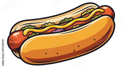 A vibrant illustration of a hot dog, complete with toppings, ready to eat.