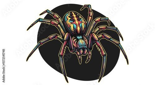 Colorful illustration of a large spider, detailed design, stylized graphic.