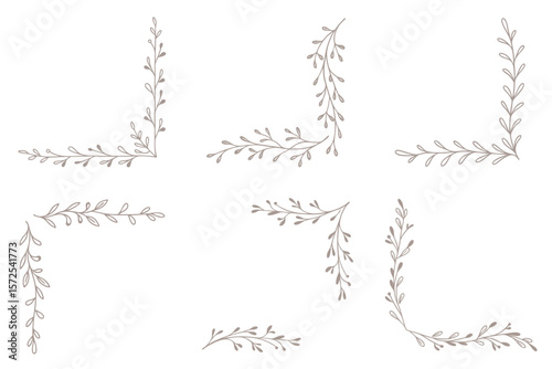 A set of six floral chapter header or page corner elements in a soft minimalist style with dusty beige color