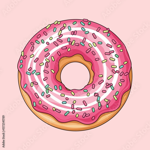 A delicious pink donut, generously glazed and sprinkled with colorful candy.