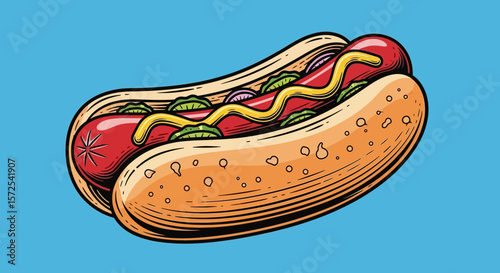 Cartoon illustration of a hot dog with mustard, pickles, and onions in a bun, against a blue background.