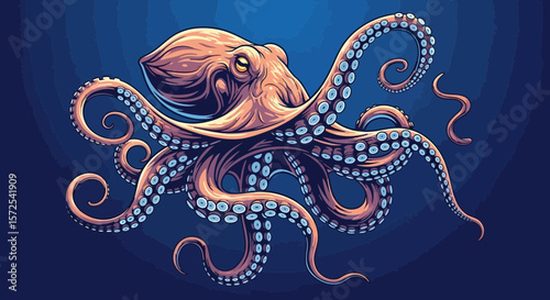 Detailed illustration of a vibrant octopus, showcasing its tentacles and body against a deep blue backdrop.