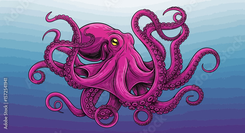 A detailed illustration of a vibrant pink octopus with curled tentacles against a gradient blue and white background.