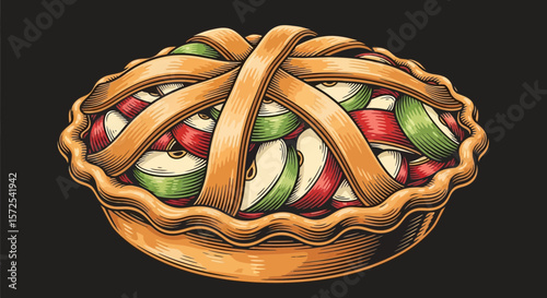 A detailed illustration of a classic apple pie with a lattice top.
