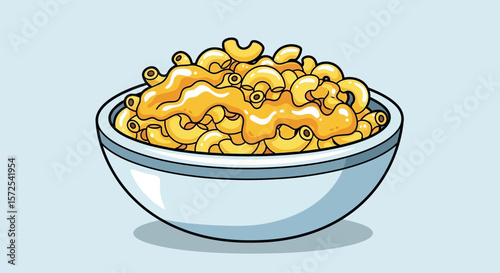 A cartoon illustration of a bowl overflowing with macaroni and cheese.