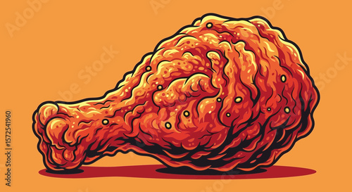 A stylized illustration of a crispy fried chicken drumstick, highlighting its texture and sauce.