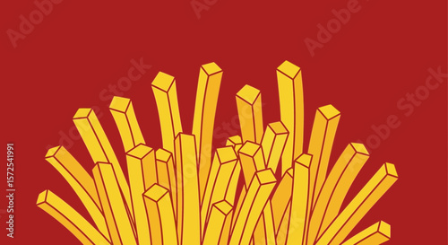 Illustration of a pile of golden, crispy french fries against a red background.