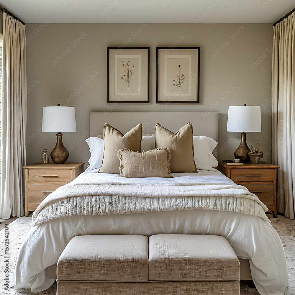 Obraz premium Serene bedroom design with symmetrical nightstands, simple bed setup, and a harmonious neutral background 