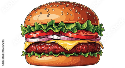 A juicy cheeseburger, layered with lettuce, tomato, onion, and melted cheese, sits on a sesame seed bun.