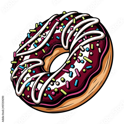 Cartoon donut with chocolate frosting, white icing drizzle, and colorful sprinkles.