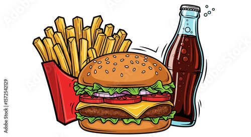 A juicy cheeseburger, crispy fries, and a fizzy soda bottle, depicted in a vibrant, cartoonish style.