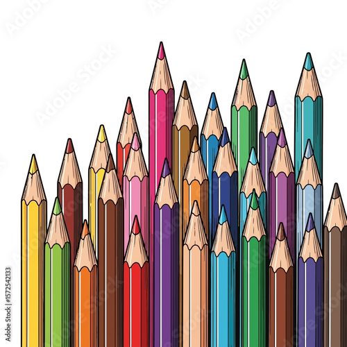 A collection of many colored pencils arranged vertically, with various shades and hues.