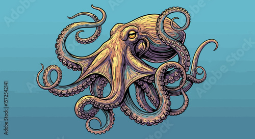 Detailed illustration of a majestic octopus, showcasing its intricate tentacles and vibrant colors against a teal background.