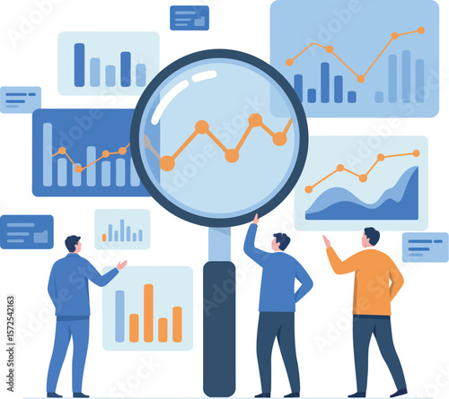 Three people analyzing data charts with a large magnifying glass in a business setting scene


