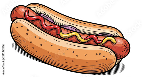 Deliciously detailed illustration of a classic hot dog with toppings, ready to eat.