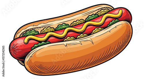 A detailed illustration of a hot dog with mustard and relish.