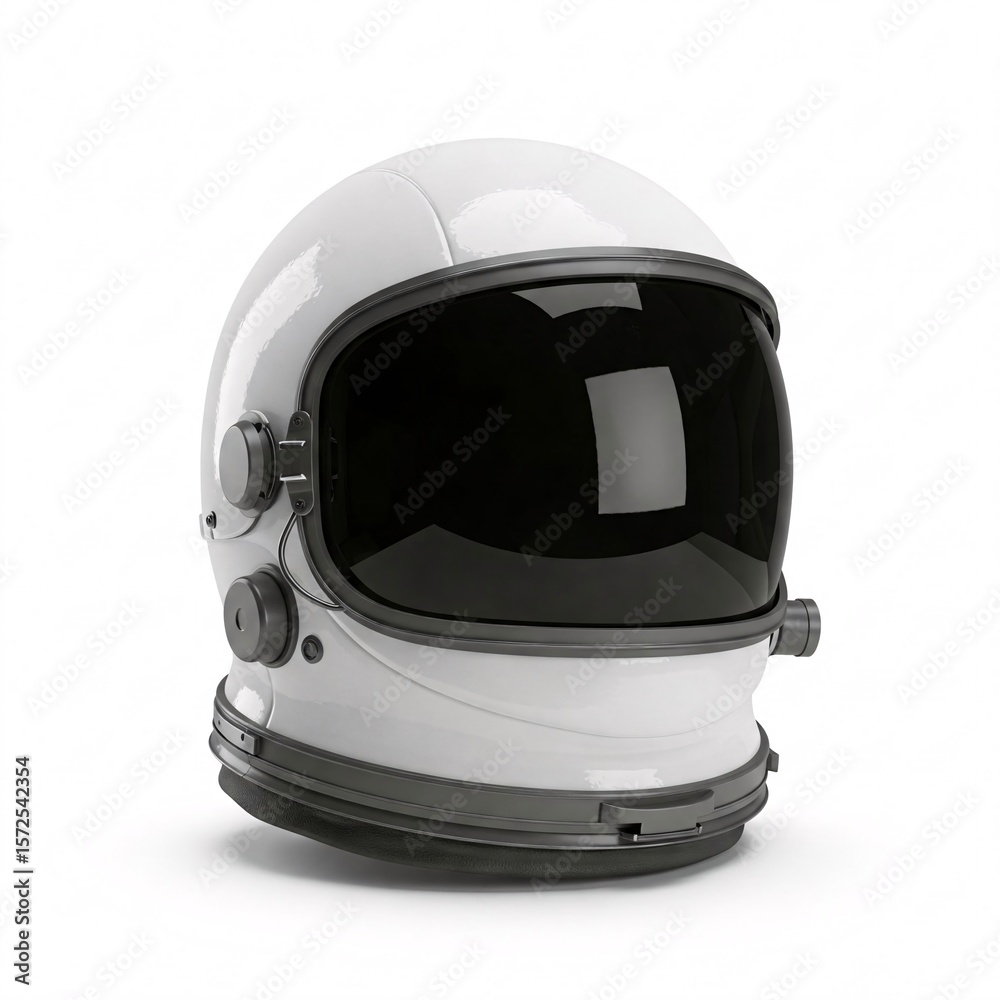 Fototapeta premium White glossy space suit helmet with dark visor, isolated on white background.