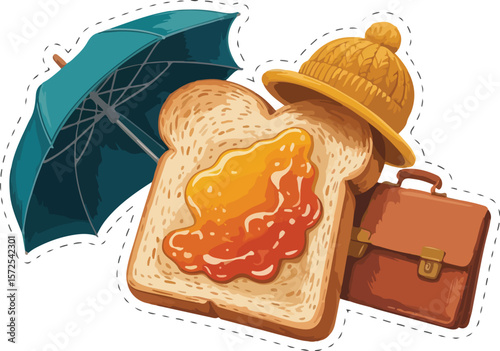 "Whimsical Everyday Icon Set – Toast, Umbrella, Winter Hat & Briefcase Silhouettes in Minimal Graphic Style