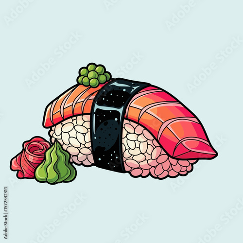 Illustration of a salmon nigiri sushi with wasabi and ginger on a light blue background.