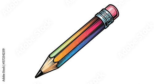 A colorful, multi-hued pencil with an eraser, angled view.
