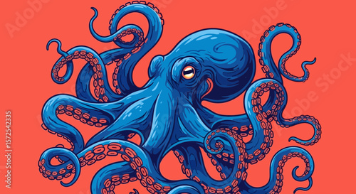 A vibrant illustration of a blue octopus with curling tentacles against a solid red background.