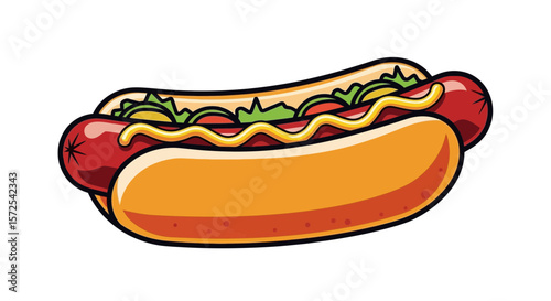 Cartoon illustration of a hot dog with mustard, lettuce, and tomato.