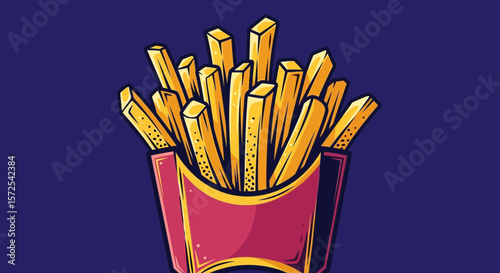Cartoon illustration of golden French fries in a red and yellow container against a dark blue background.