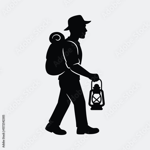 Silhouette hiker backpacker carries lantern camping trip vector illustration