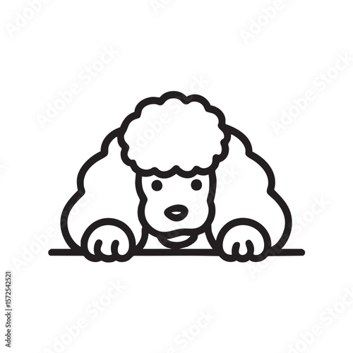A simple black and white line drawing of a poodle peeking.