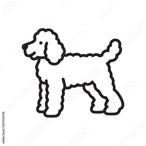 A simple black and white line drawing of a poodle dog.