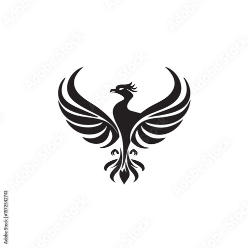  A black silhouette of a phoenix with wings spread.