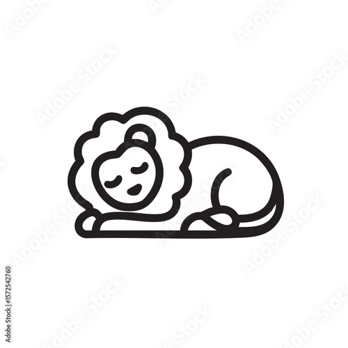 A simple black and white line drawing of a sleeping lion.