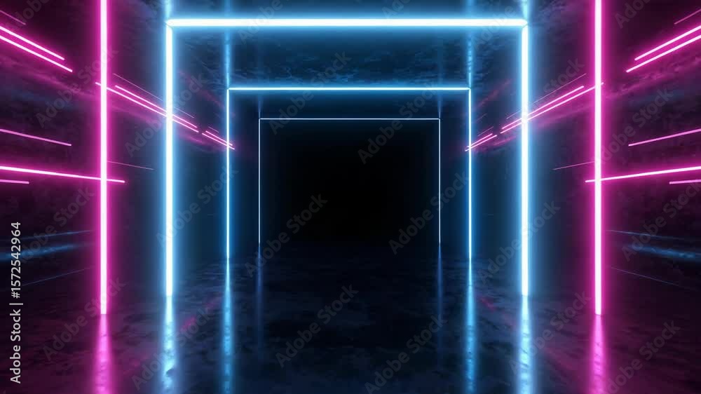 Abstract dark background features glowing neon lights with vibrant blue and purple energy waves, creating a futuristic laser art design