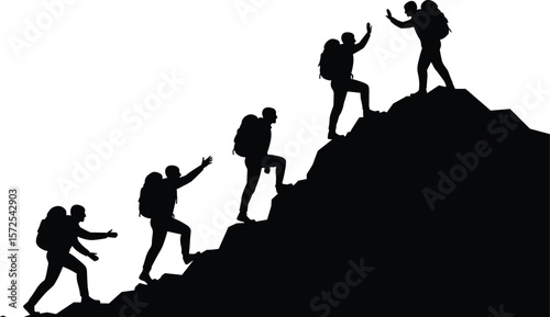 Silhouette of hikers climbing mountain, teamwork support on slope, adventure trekking, mountaineering journey, people helping each other in outdoor expedition