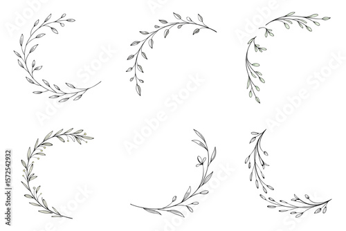 A set of six floral chapter header or page corner elements in a soft minimalist style with gentle graphite green color
