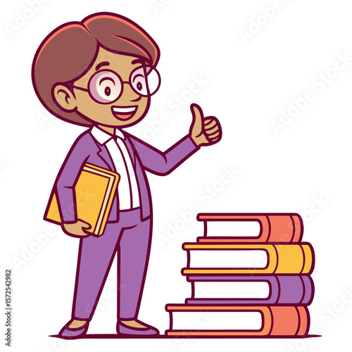 Happy Teacher Gives Thumbs Up Next to Stack of Books for Education